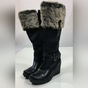 SO Amira  Black Leather Faux Fur Wedge Heel Zip Up Boots Women’s US Size 8.5